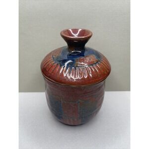 Studio Art Pottery Lidded Jar Earth Tone Brown Blue Glaze Small 5.25" Sugar Bowl